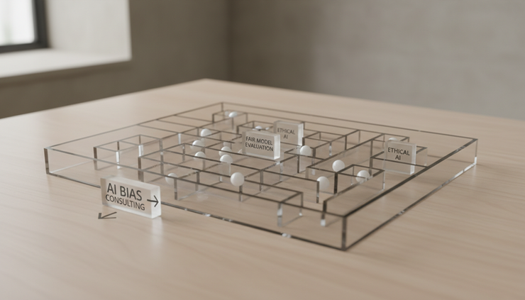 Wide-angle view of a transparent glass maze on a wooden table representing complex AI decision paths