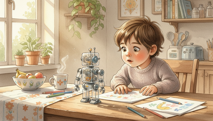 Wide-angle view of a curious child looking at a simple transparent robot model on a kitchen table