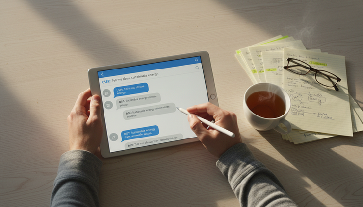 Overhead view of a person reviewing a chatbot conversation on a tablet beside a cup of tea