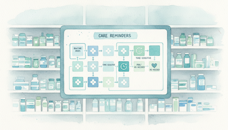 Eye-level view of a medication room wall screen showing a simple patient alert map.