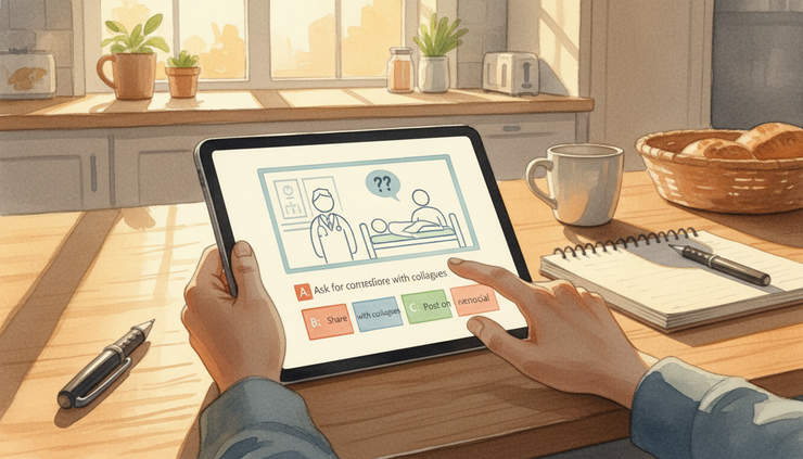 Close-up view of hands using a tablet with a patient privacy scenario on the screen.
