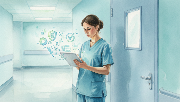 Eye-level view of a nurse reviewing a tablet beside a patient room door with abstract safety symbols