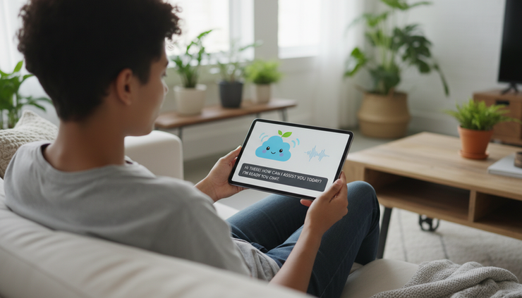Over-the-shoulder view of a person reading chatbot captions on a tablet