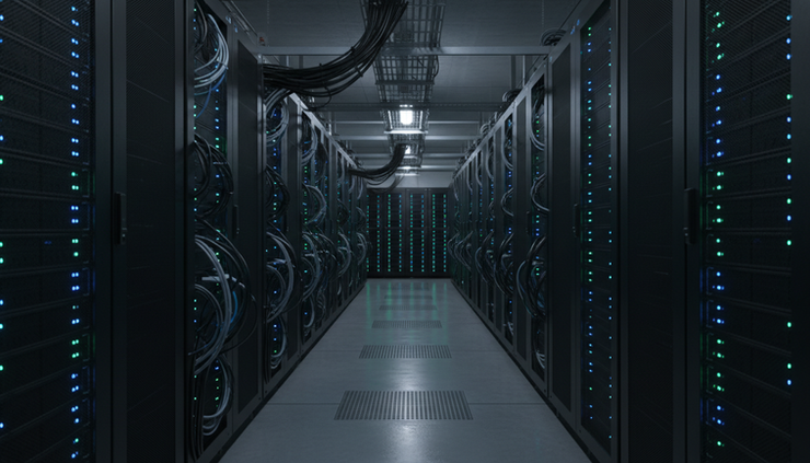 Wide-angle view of a dark data center aisle with glowing server lights