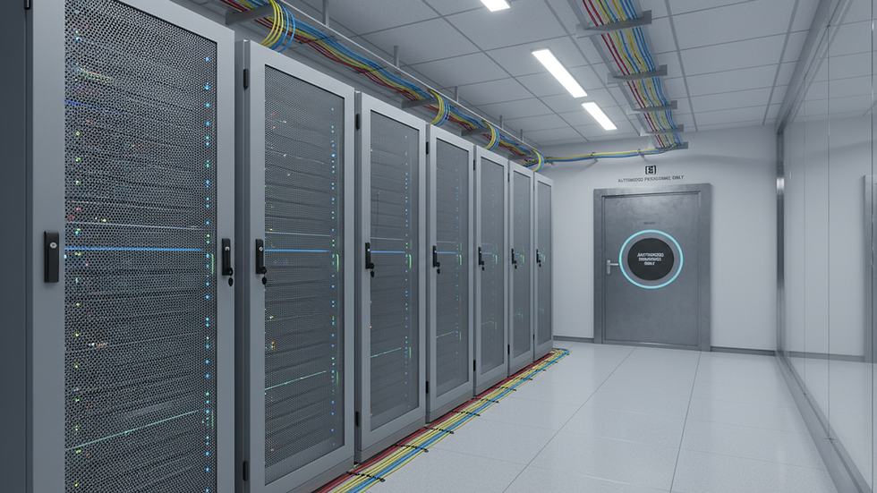 Eye-level view of a secure server room with locked cabinets