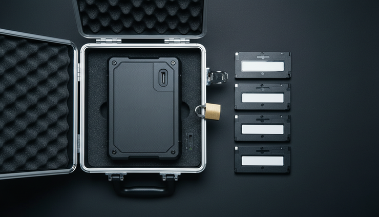 Overhead view of an encrypted external backup drive inside a locked protective case.