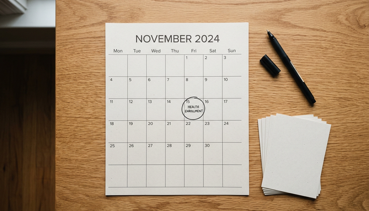 Overhead view of a paper calendar with a circled enrollment date beside a pen