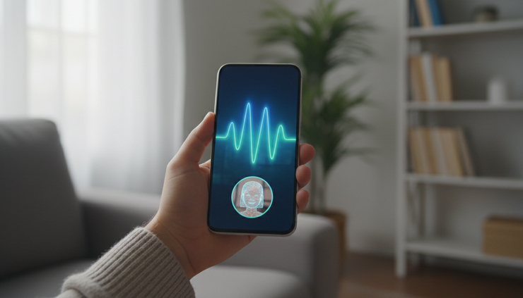 Close-up view of a mobile phone showing a spoken support request in a quiet living room