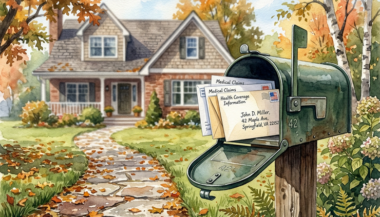 Eye-level view of a mailbox with health coverage letters and autumn leaves near the walkway