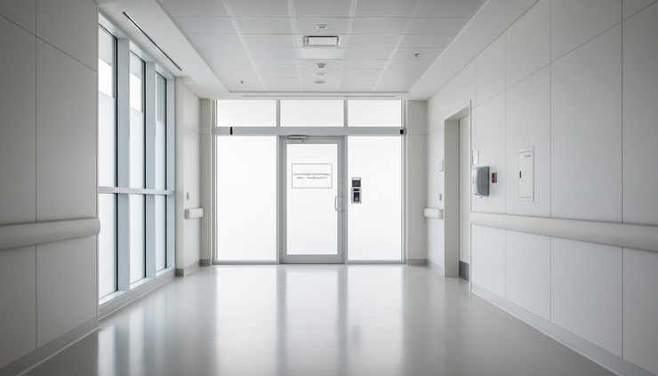 Wide-angle view of a quiet hospital corridor with secure clinical signage.
