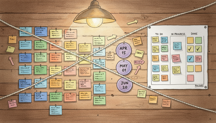 Overhead view of a workshop wall with colored planning cards and a progress chart.