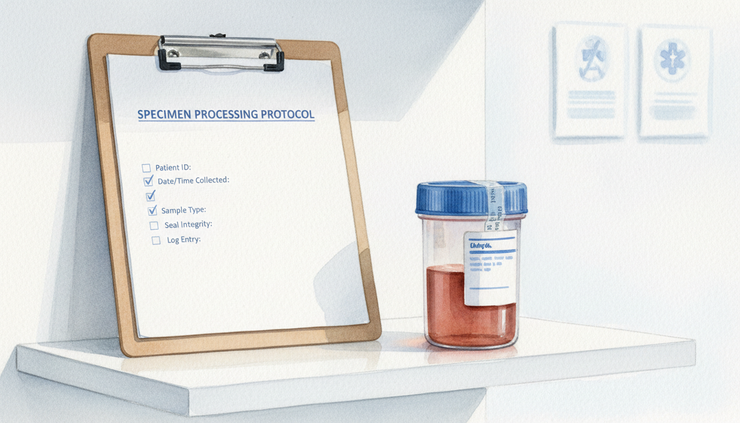 Eye-level view of a clipboard checklist beside a sealed specimen container in a clinic room.