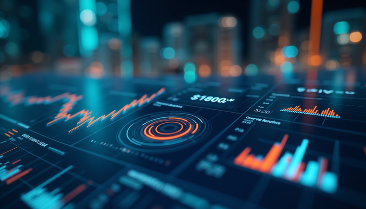 Eye-level view of a digital dashboard showing AI-driven business metrics