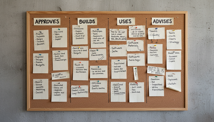 Eye-level view of a cork board filled with labeled handwritten task cards.