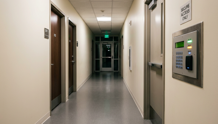 Wide-angle view of a quiet hospital corridor with a secure access panel on the wall