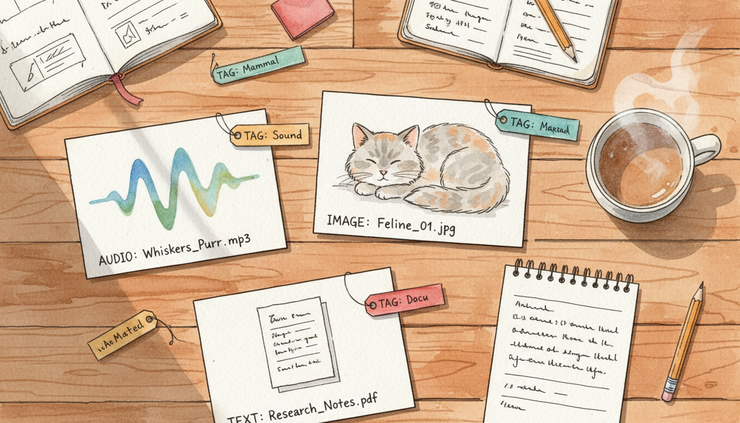Close-up view of paper dataset cards with sketches of a cat photo, sound wave, and document page.