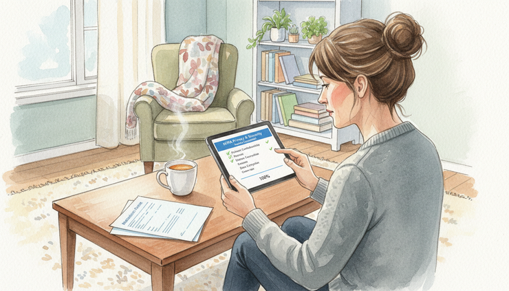 Eye-level view of a learner reviewing a completed HIPAA lesson on a tablet beside healthcare forms.