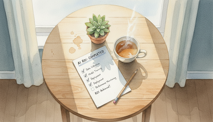 Overhead view of a kitchen table with a checklist, tea cup, and small plant beside a completed AI plan.