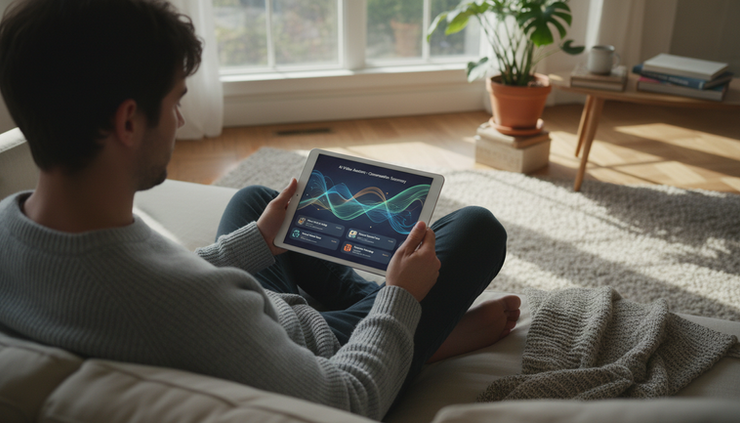 Eye-level view of a person reviewing a chatbot conversation on a tablet near a window