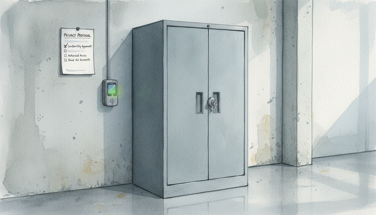 Close-up of a locked records cabinet beside a wall-mounted access badge reader.