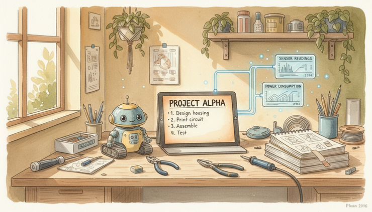 Wide-angle view of a home workbench with a tablet showing connected tasks and a small household robot nearby