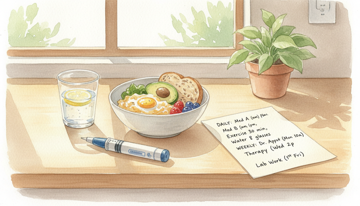 Eye-level view of a kitchen counter with a medication pen, a healthy meal, and a written follow-up plan.