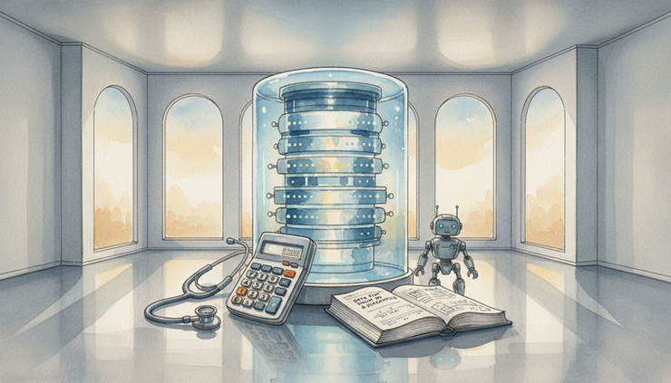 Wide-angle view of a glowing data center surrounded by medical, finance, and classroom objects