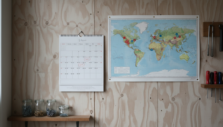 Wide-angle view of a wall calendar beside a pinned travel map.