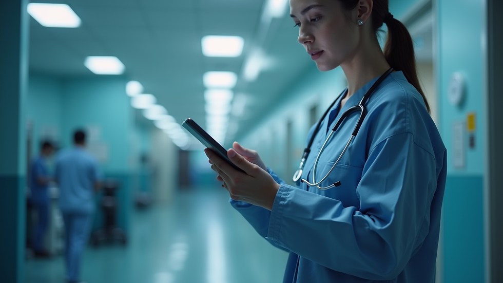Close-up view of a healthcare professional using AI tools on a tablet