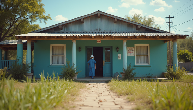 Eye-level view of a rural clinic entrance with a single healthcare worker standing outside