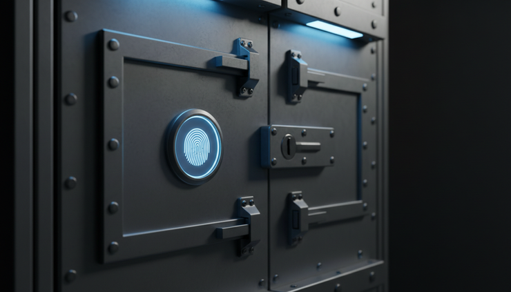 Close-up view of a fingerprint scanner beside a locked access panel.