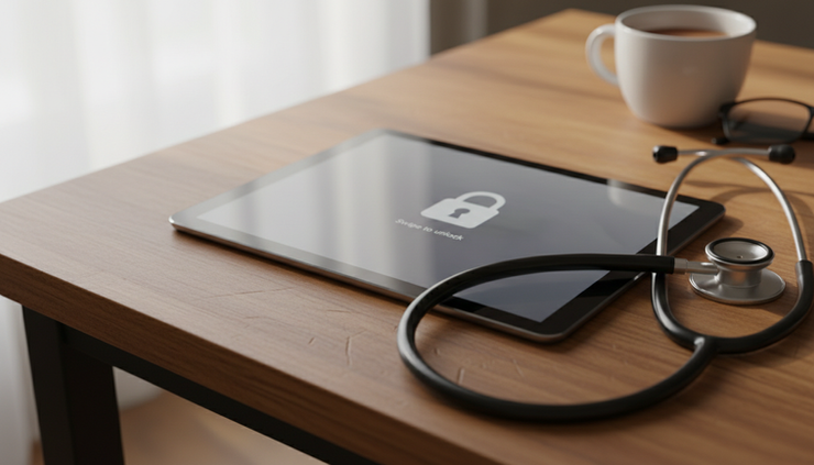Close-up view of a locked tablet screen beside a stethoscope on a home table
