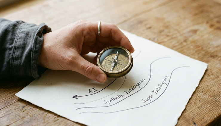 Side view of a person holding a small compass near three simple paths drawn on paper