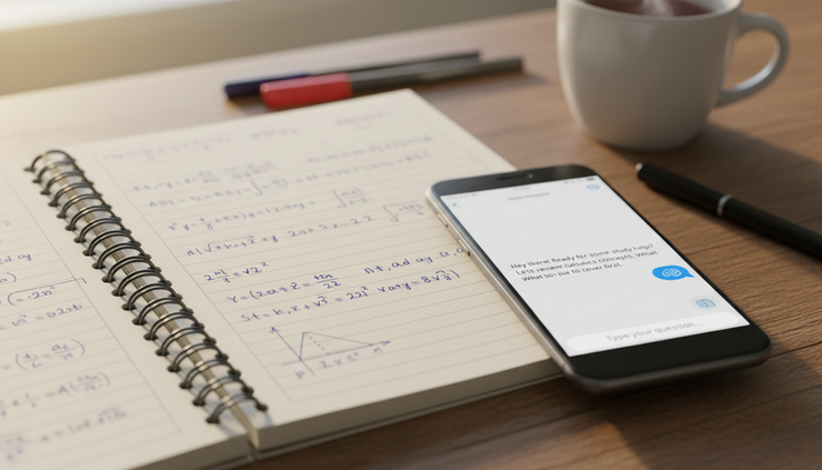 Close-up view of a notebook beside a phone showing a chatbot study prompt