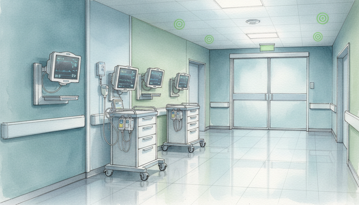 Wide-angle view of a hospital hallway with connected monitors and medical devices beside patient rooms.