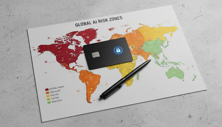 Overhead view of a printed AI risk map beside a locked access card and pen.
