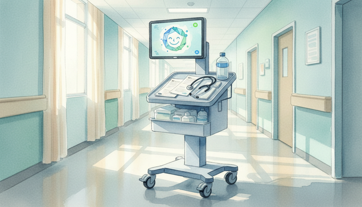 Eye-level view of a nurse station cart with a screen showing a friendly video chat assistant