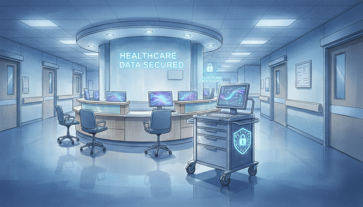 Wide-angle view of a quiet hospital hallway with a secured records cart near a nurses station