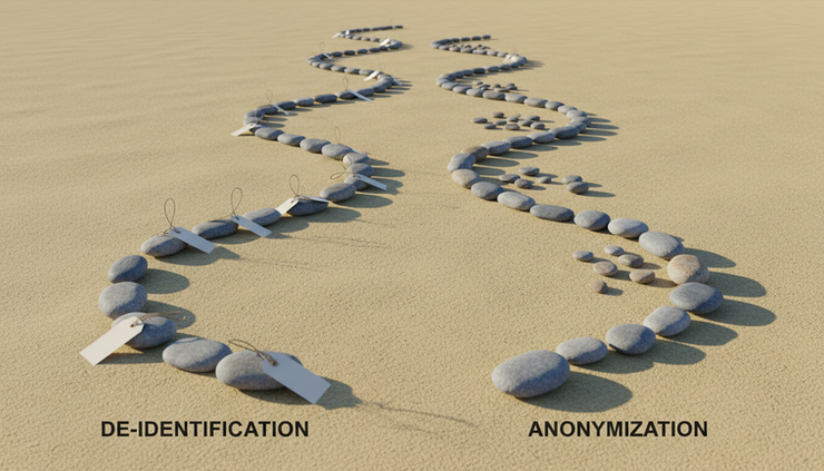 Overhead view of two paths made from stones labeled with generic privacy symbols