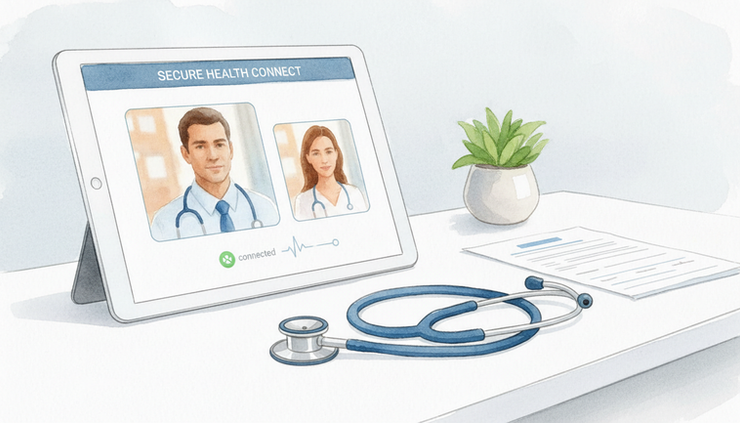 Close-up of a tablet with a secure video visit screen beside a stethoscope in an exam room