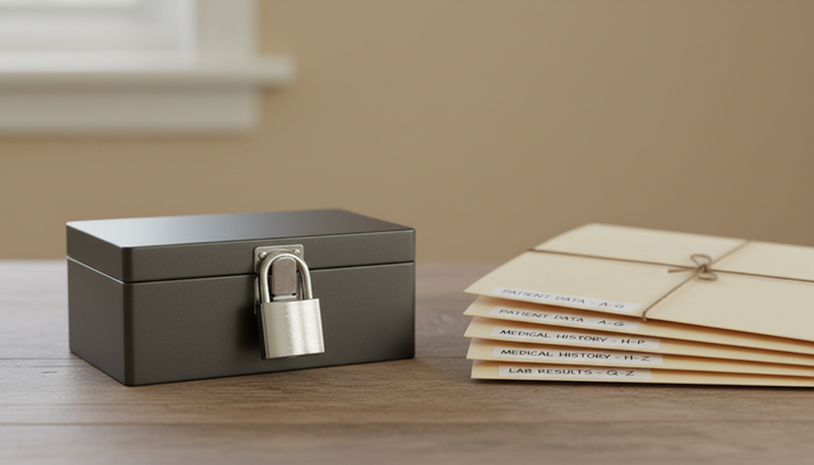 Close-up view of a locked document box beside labeled health records