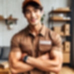 Sexy hearing impaired delivery man smiling with his arms crossed showing bicep muscles.