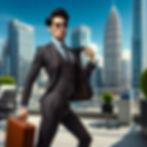 Gay guy in sexy pinstriped suit sporting a kissy- face holding a briefcase in his right hand and a jacket in the left.