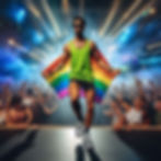 Hunky gay man on stage at a gay dance party, with the Pride flag draped around him. Many gay patrons in the background.