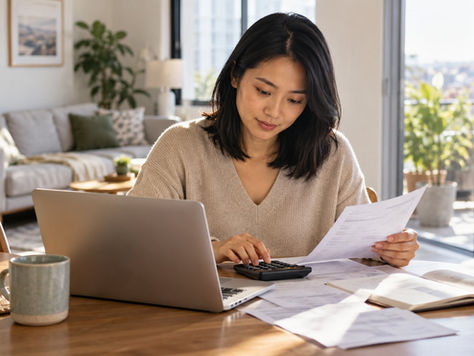 A woman working through her budget and payslips at home