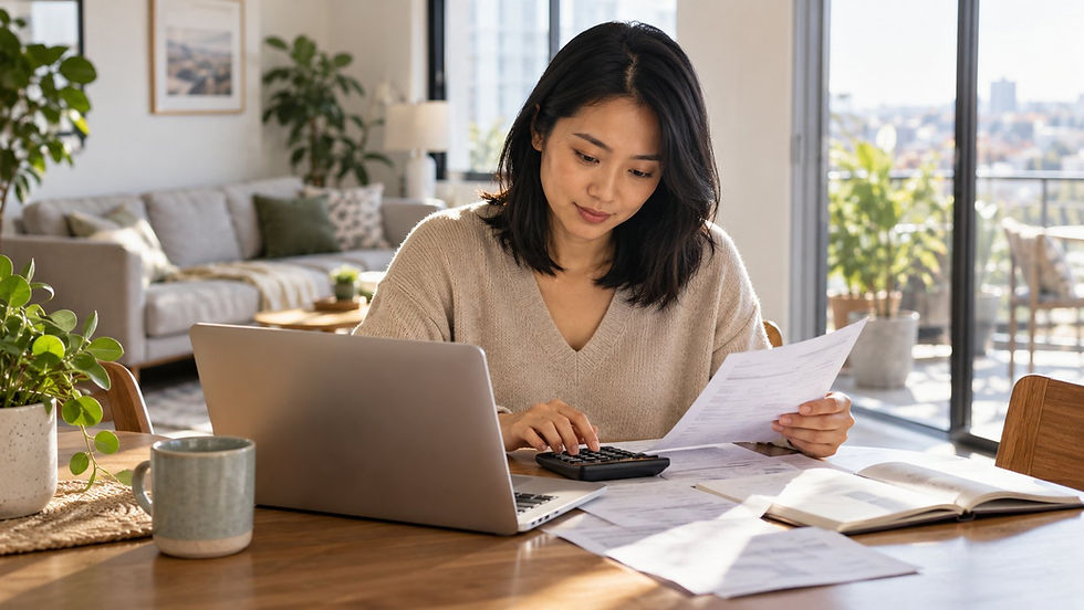 A woman working through her budget and payslips at home