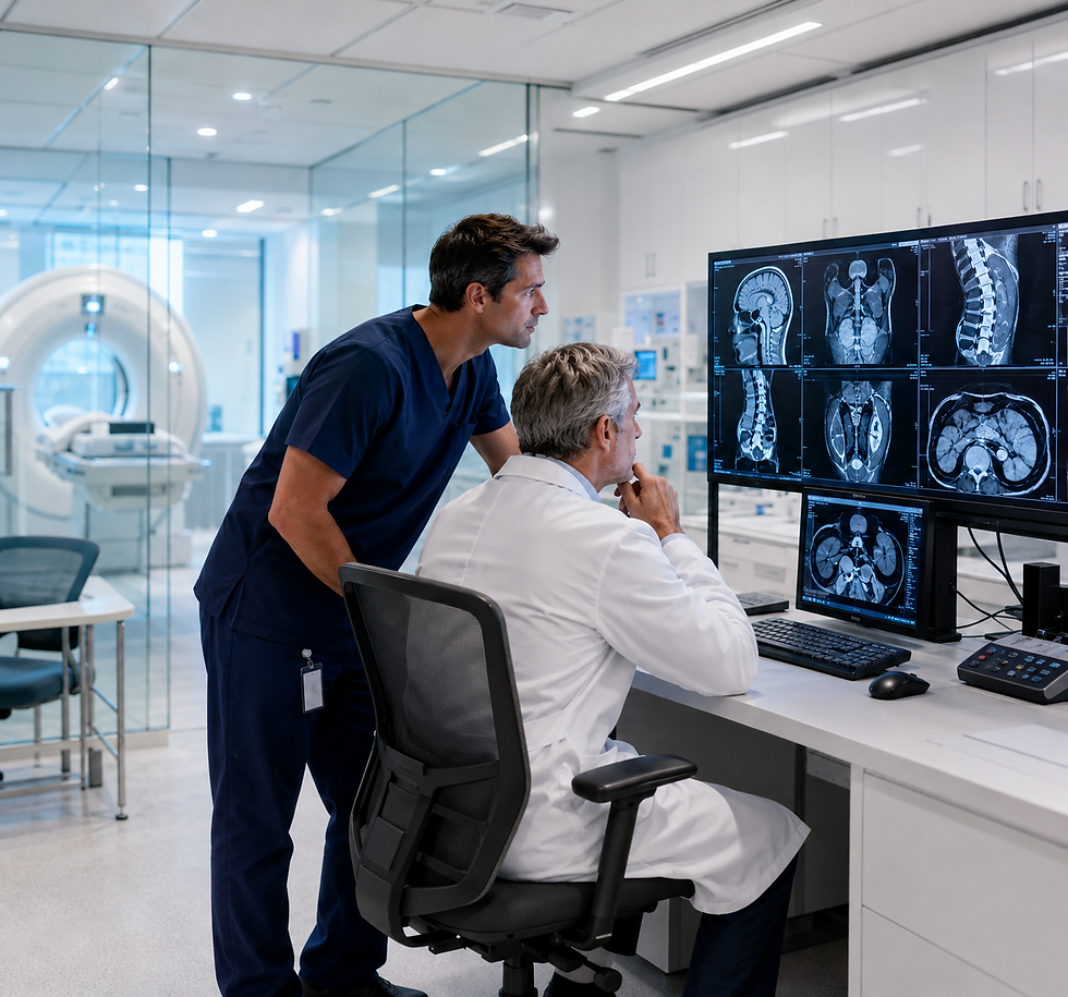 Medical specialists reviewing diagnostic imaging in a modern Australian radiology practice.