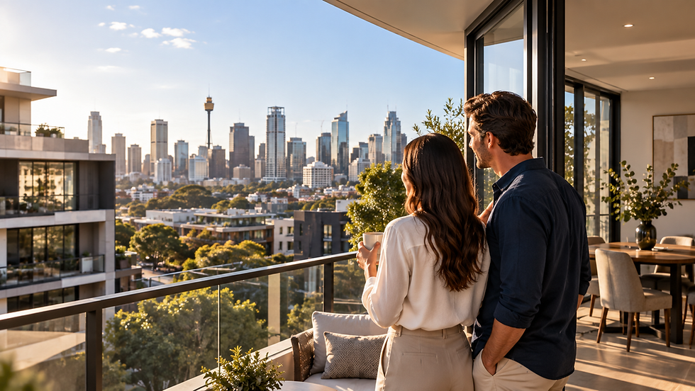 Couple on an apartment balcony looking out over inner-city rooftops and the Sydney skyline at golden hour