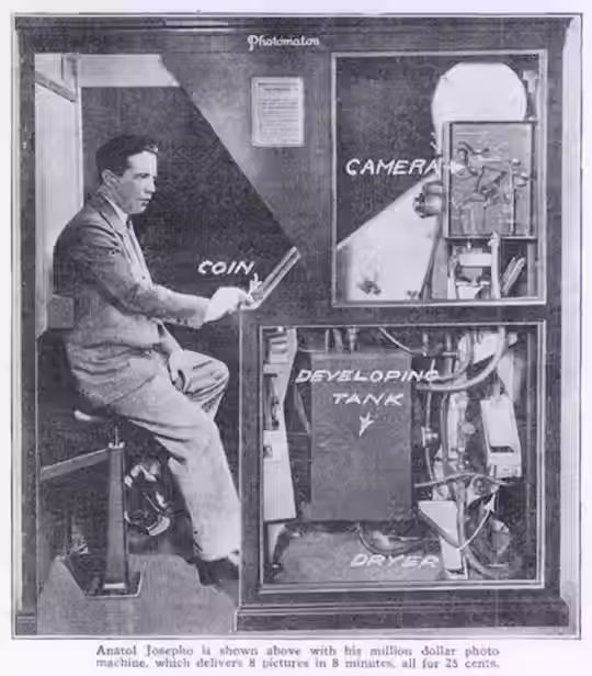 Eye-level view of a vintage photo booth with a red curtain