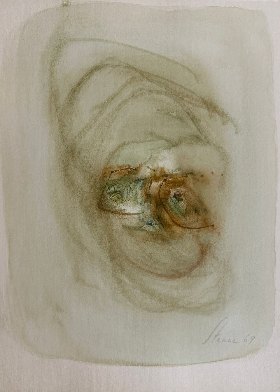 oeuvre nude vert marron sur papier d'art aquarelle et encre de chine art moderne et contemporain abstrait  XX eme siècle 